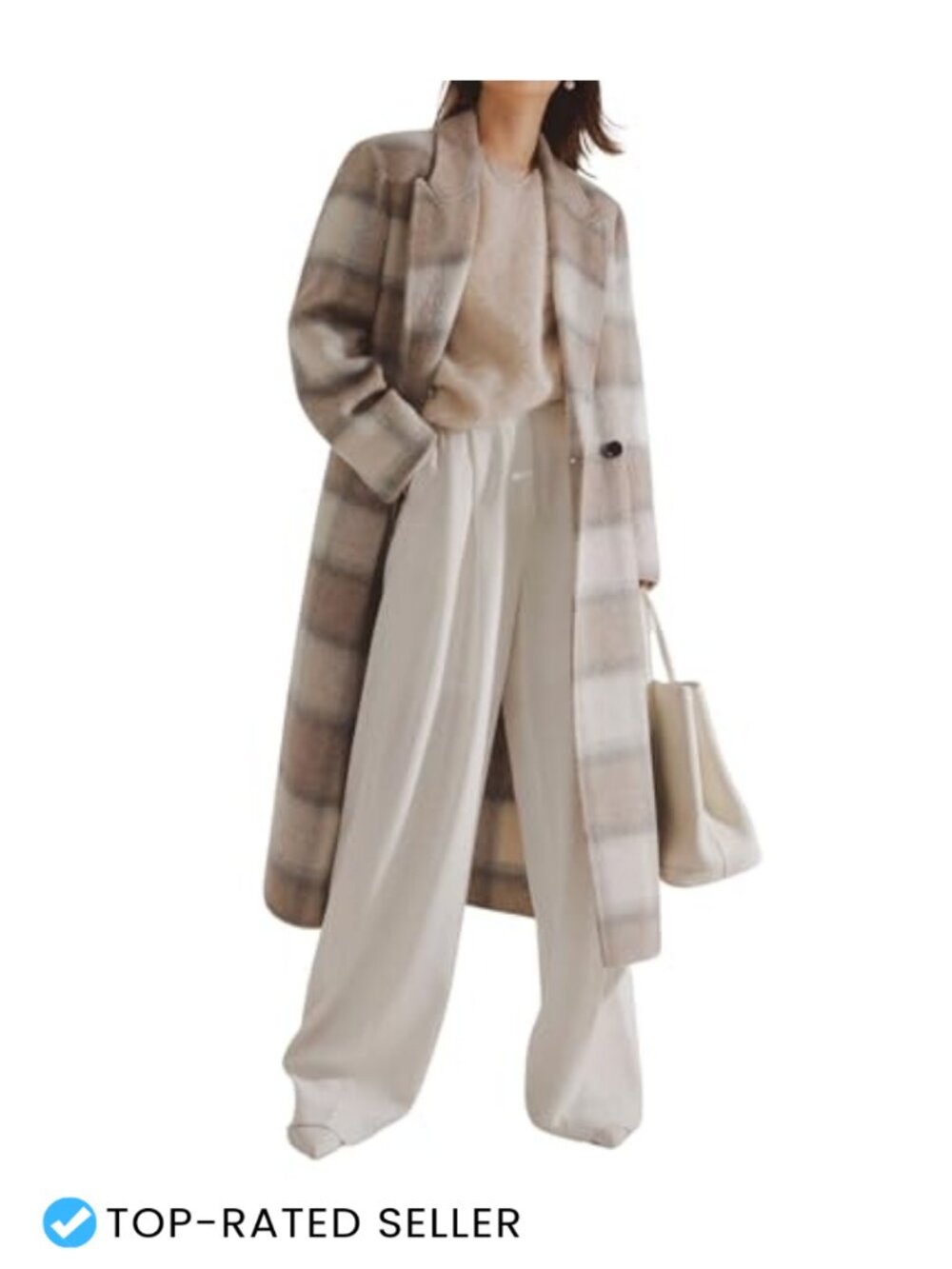 Wool Plaid Pea Coat Double Breasted Notch Lapel Long Overcoat Pockets
